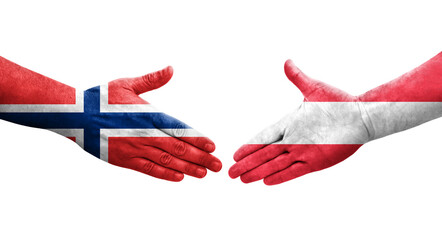 Handshake between Austria and Norway flags painted on hands, isolated transparent image.
