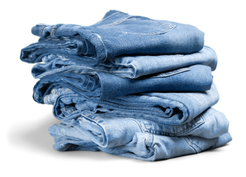 Stack of denim jeans on background