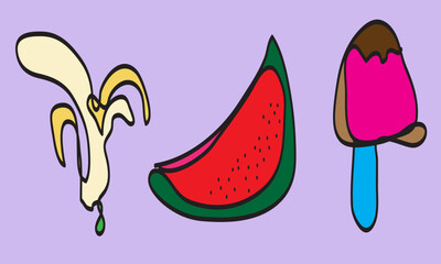 banana, watermelon and ice cream one line. isolated vector. Eps10