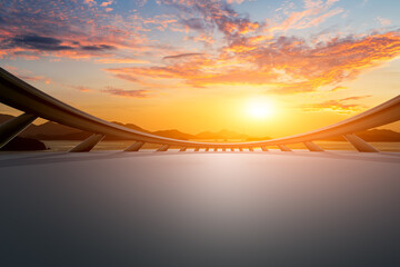 Empty square floor and sea with sky clouds at sunset. 3d square effect.