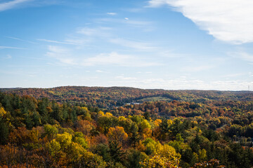 Fototapeta premium Bird's eye view lookout over fall color trees and golf course in Bancroft, Ontario, Canada