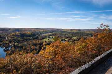 Bird's eye view lookout over fall color trees and golf course in Bancroft, Ontario, Canada