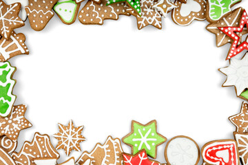 Gingerbread cookies on white background. Snowflake, star, man, angel, candy shapes