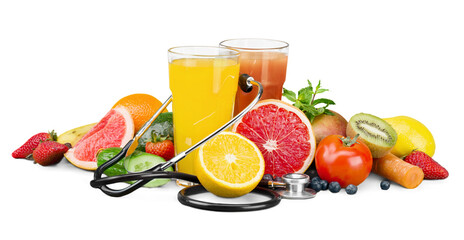 Healthy eating. Fruits, vegetables, juice and stethoscope
