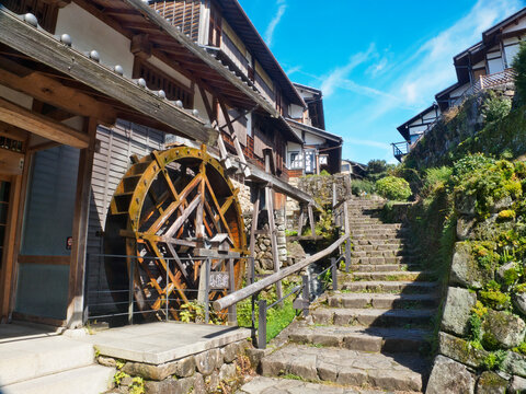 traditional Japan village with wooden houses and waterwheel,Magome post town in Japan