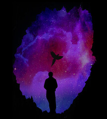 silhouette of person looking into a galaxy and a phoenix is flying