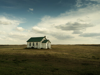 A small abandon church on the prairies.