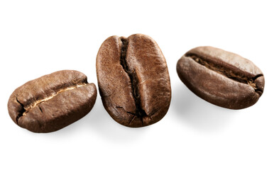 Collections of roasted and red coffee beans, drink a cup of coffee  isolated on white background