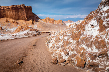 Dirt salt road in Atacama desert, moon valley arid landscape in Chile