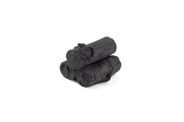 Natural wood charcoal isolated on white background. Pile of coal isolated on white background.