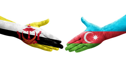 Handshake between Azerbaijan and Brunei flags painted on hands, isolated transparent image.