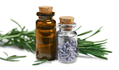 Rosemary  and lavender essential oil isolated on white