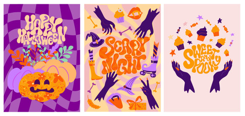 Vector set of Halloween party invitations or greeting cards with handwritten calligraphy and traditional symbols. Vector illustration