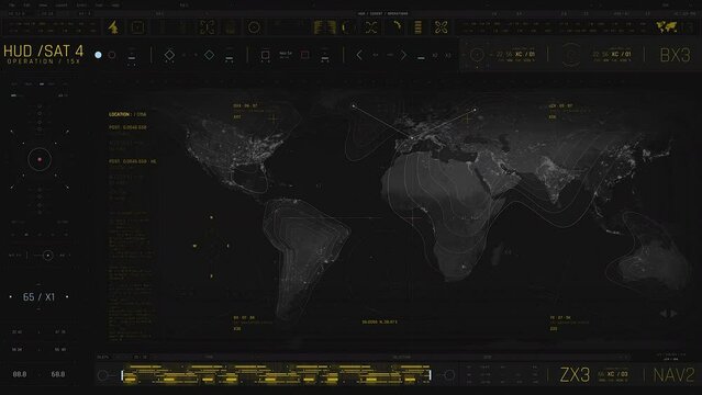 Secret satellite spy system. Camera detects Military base in Australia. The map shows at the computer screen. modern user interface., animation 4K edit software supporting blending modes