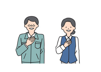 
お任せください、と胸に手を置く工務店の男性と受付の女性
