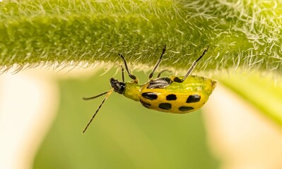 Macro shot of a lady bug on a plant branch upside down in summer.