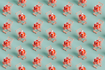 3d pattern of shopping cart and gifts