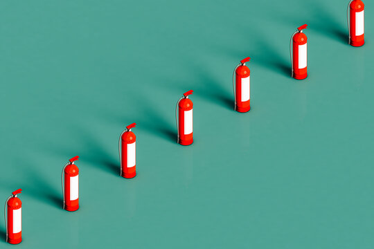 a row of red fire extinguishers