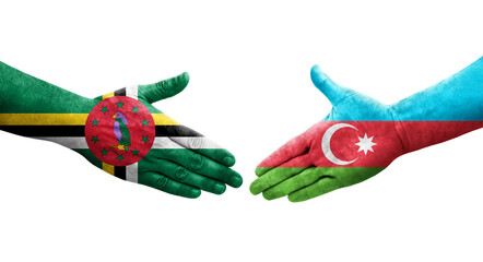 Handshake between Azerbaijan and Dominica flags painted on hands, isolated transparent image.