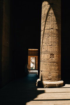 Column showing coptic cross carving