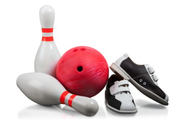 Bowling Skittles, Red Bowling Ball And Bowling Shoes - Isolated
