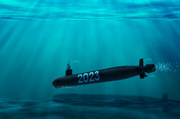 3D rendering of a 2023 new year submarine in the deep sea, World Maritime Day, Navy Day, and Marine Day. Navy event, Sea and ocean concept submarine in the country's sovereignty and maritime security