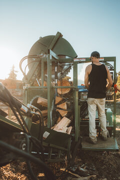 woodworker operating splitting machine