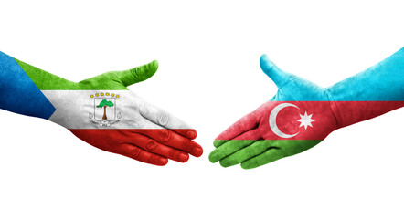 Handshake between Azerbaijan and Equatorial Guinea flags painted on hands, isolated transparent image.