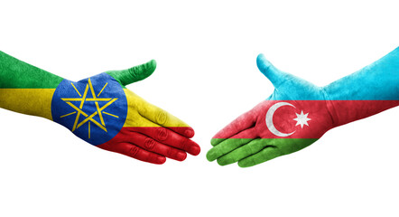 Handshake between Azerbaijan and Ethiopia flags painted on hands, isolated transparent image.