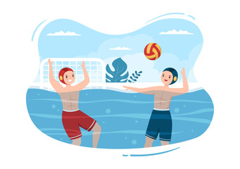 Water Polo Sport Player Playing to Throw the Ball on the Opponent's Goal in the Swimming Pool in Flat Cartoon Hand Drawn Templates Illustration