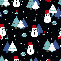 Winter Seamless Pattern with Winter Snowmen Making Vector Graphic