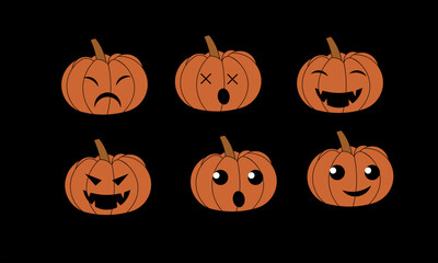 Set pumpkin on black background. Orange pumpkin with smile for your design for the holiday Halloween. Vector illustration.