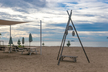 Beautiful beach and sea view in the morning with light blue sky and white cloud at the Rayong province Thailand