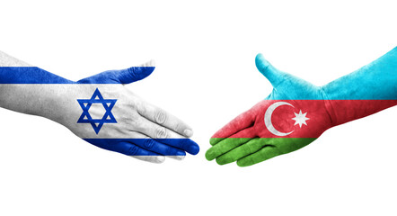 Handshake between Azerbaijan and Israel flags painted on hands, isolated transparent image.