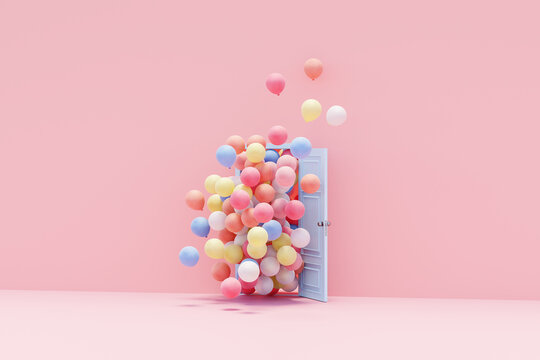 3D render of colorful balloons floating through blue door 