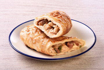 Delicious chicken roll on white plate