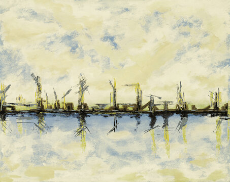 A modernist painting; a highly abstracted image of imaginary docks.