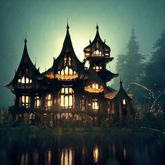 Haunted house at night