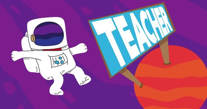 Astronaut adrift near a Red Planet with Teacher Billboard. Abstract cartoon animation. 4k HD Format resolution video.
