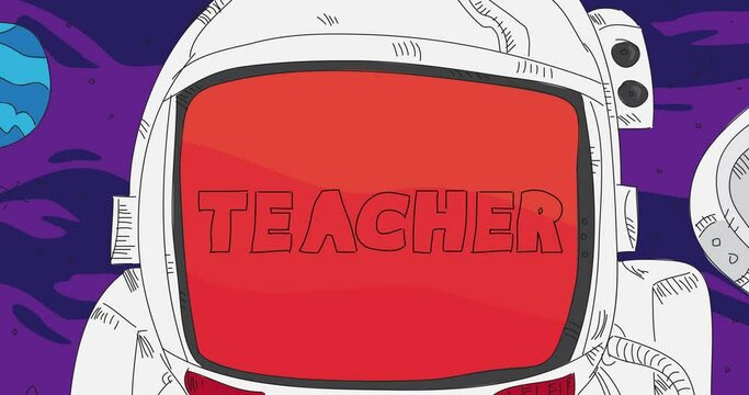 Astronaut in space with Teacher Text on his helmet. Abstract dancing line cartoon animation. 4k HD Format resolution video.
