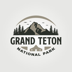 grand teton vintage logo vector illustration design, travel adventure logo design - obrazy, fototapety, plakaty