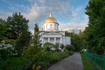View of the St. Michael's Cathedral of the Holy Dormition Pskov-Pechersk Monastery on a sunny...