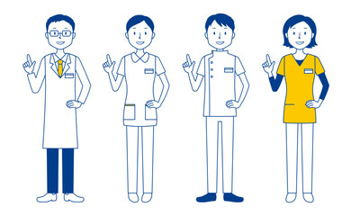 指をさす医療従事者（医師・看護師・理学療法士・放射線技師）のイラストセット