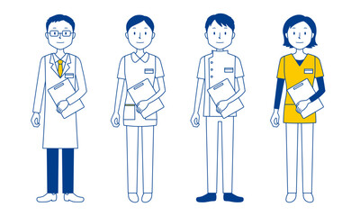 カルテを持った医療従事者（医師・看護師・理学療法士・放射線技師）のイラストセット