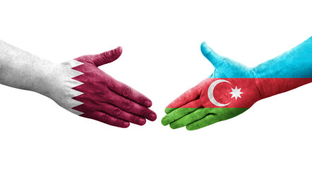 Handshake between Azerbaijan and Qatar flags painted on hands, isolated transparent image.