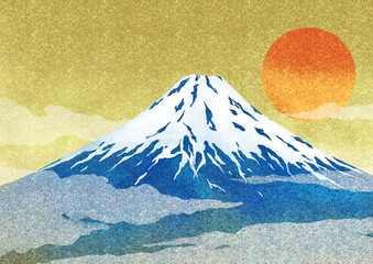 富士山と日の出の和風背景イラスト