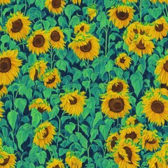 Fototapeta na wymiar Painting of Sunflowers with green leaves - Seamless Pattern