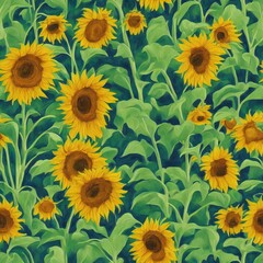 Painting of Sunflowers with green leaves - Seamless Pattern
