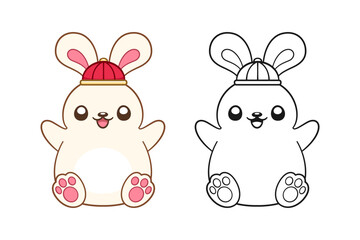 Naklejka premium Cute rabbit wearing a Chinese hat outline illustration. Zodiac Animal, Year of the Rabbit 2023, New year and Mid Autumn Moon festival coloring book page worksheet for kids.