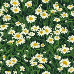 Painting of Daisies Flower with green leaves - Seamless Pattern